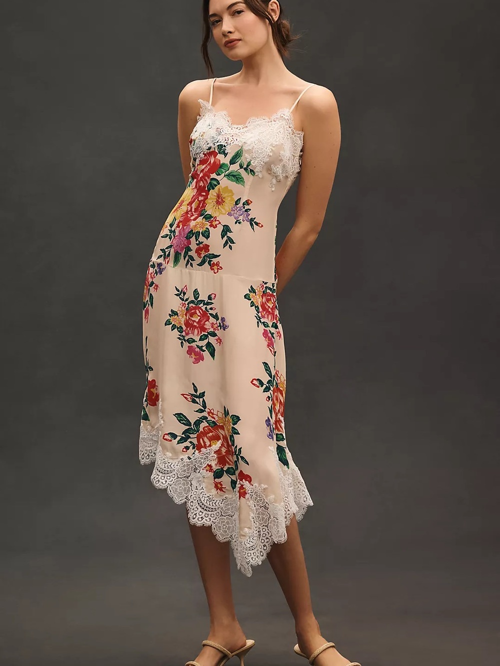 By Anthropologie Sleeveless V-Neck Lace Slip Midi Dress